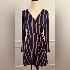 Navy Striped Faux-Wrap Dress